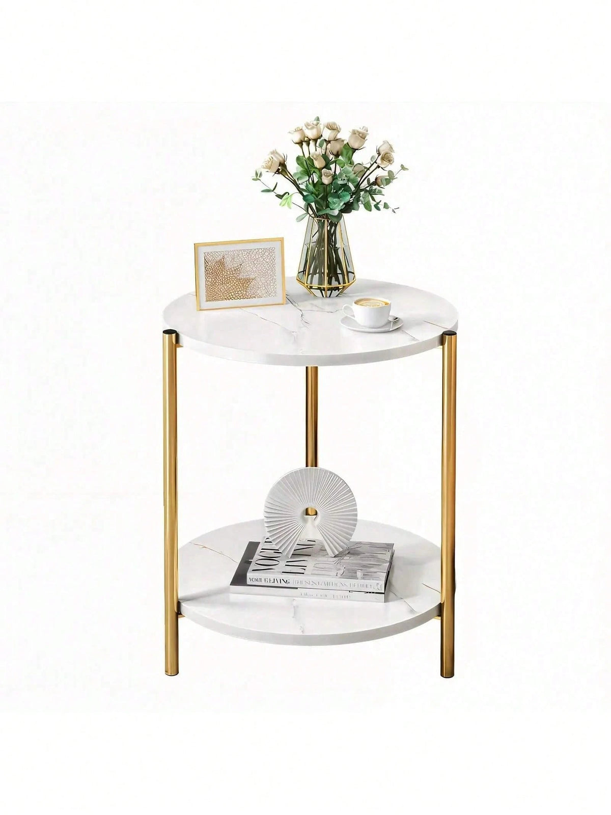 Senmeo Double-Tier Round Side Table, Minimalist Sofa Table & Coffee Table, Dual-Purpose Indoor/Outdoor Decorative Table Double-Layer Metal Reinforcement, Easy Assembly Suitable For Indoor/Outdoor Deco