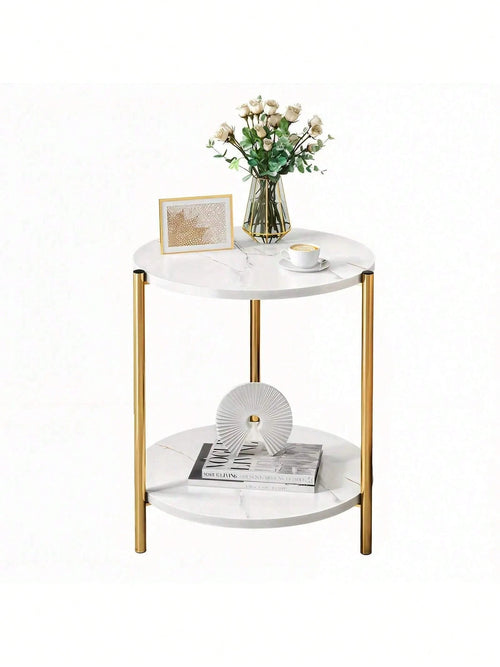 Senmeo Double-Tier Round Side Table, Minimalist Sofa Table & Coffee Table, Dual-Purpose Indoor/Outdoor Decorative Table Double-Layer Metal Reinforcement, Easy Assembly Suitable For Indoor/Outdoor Deco