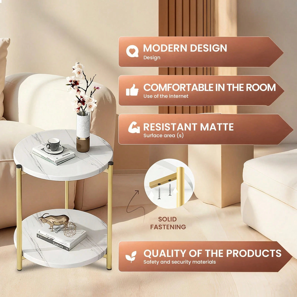 Senmeo Double-Tier Round Side Table, Minimalist Sofa Table & Coffee Table, Dual-Purpose Indoor/Outdoor Decorative Table Double-Layer Metal Reinforcement, Easy Assembly Suitable For Indoor/Outdoor Deco