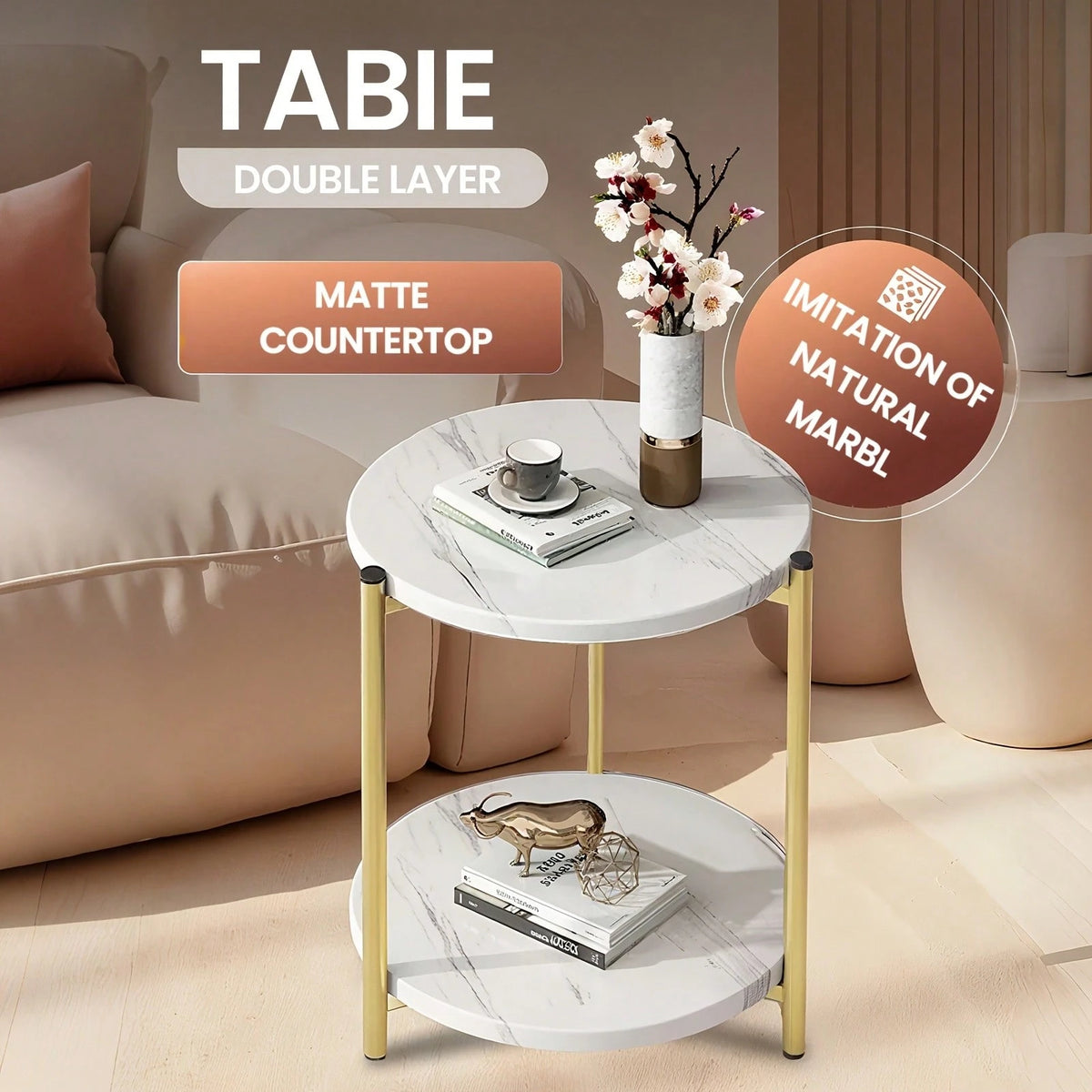 Senmeo Double-Tier Round Side Table, Minimalist Sofa Table & Coffee Table, Dual-Purpose Indoor/Outdoor Decorative Table Double-Layer Metal Reinforcement, Easy Assembly Suitable For Indoor/Outdoor Deco