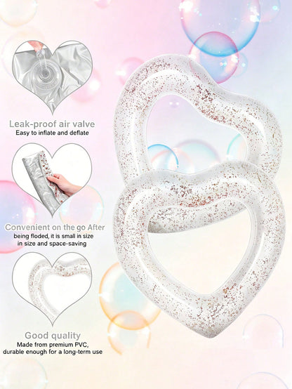 Sequin Heart-Shaped Inflatable Swim Ring, Cute Arm Float, Sequin Heart Swim Ring, Heart-Shaped Water Lounge Chair With Glitter And Thickened PVC Material, Perfect For Taking Photos In Water, Beach Ess
