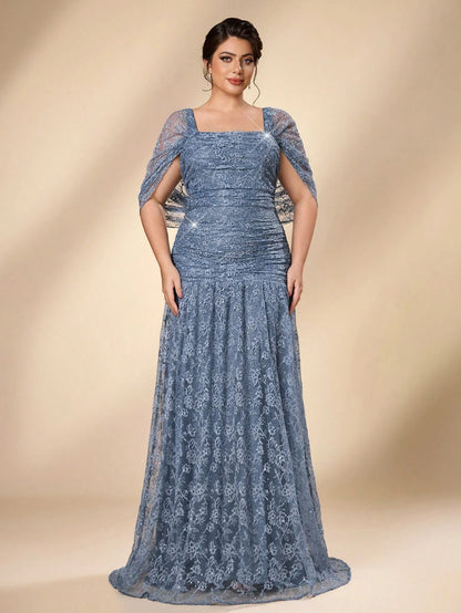 Serin Plus Size Elegant Luxurious Blue Stretch Sequin Lace Embroidered Sleeve Cape Mermaid A-Line Evening Gown For Wedding Bachelorette Party Vacation Prom