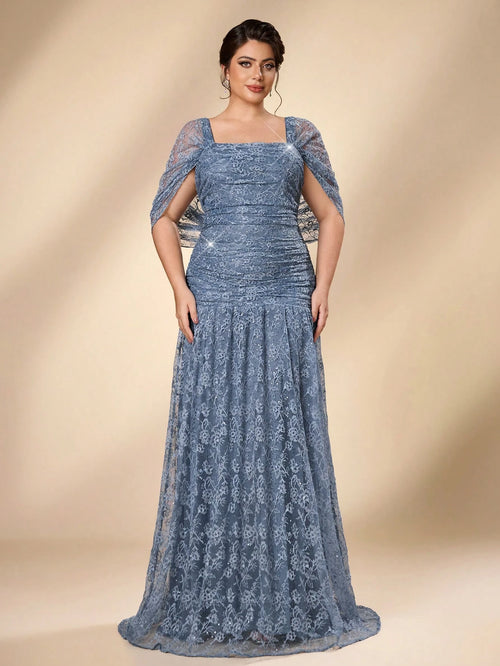 Serin Plus Size Elegant Luxurious Blue Stretch Sequin Lace Embroidered Sleeve Cape Mermaid A-Line Evening Gown For Wedding Bachelorette Party Vacation Prom