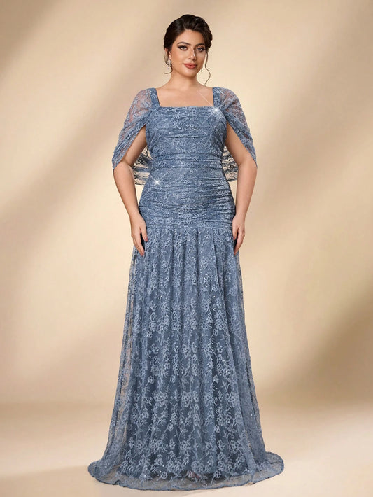 Serin Plus Size Elegant Luxurious Blue Stretch Sequin Lace Embroidered Sleeve Cape Mermaid A-Line Evening Gown For Wedding Bachelorette Party Vacation Prom