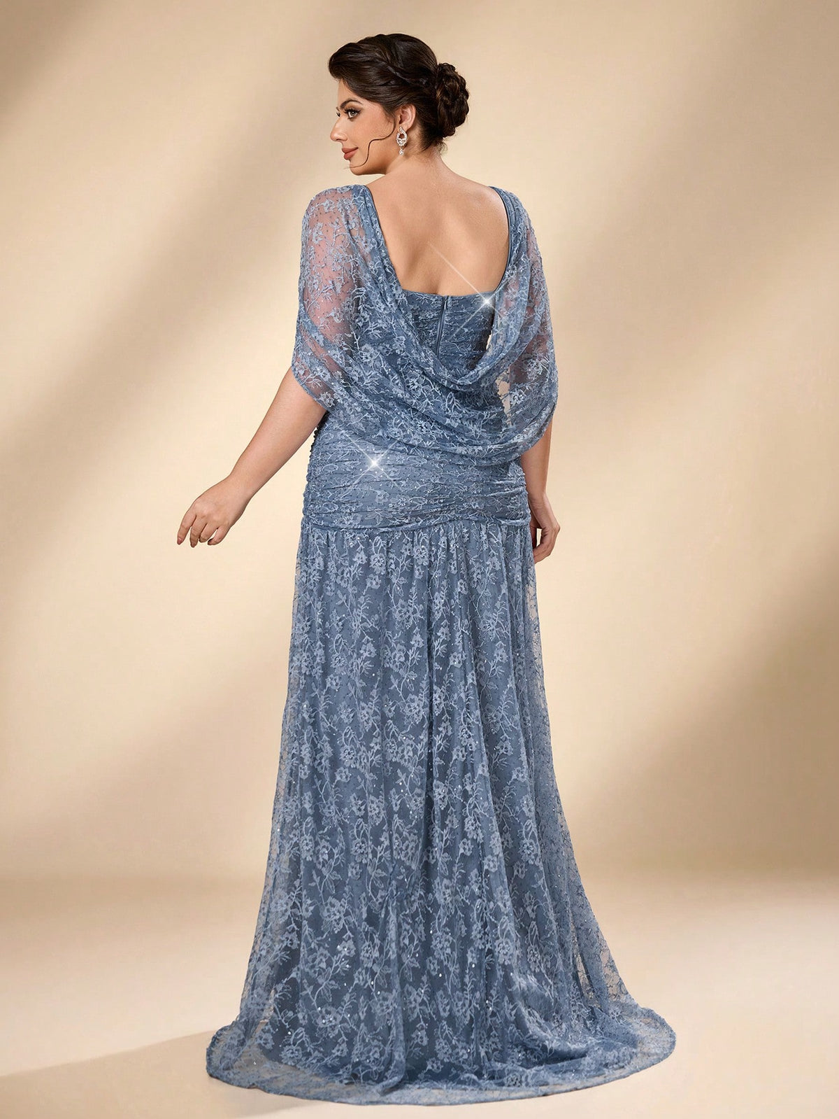 Serin Plus Size Elegant Luxurious Blue Stretch Sequin Lace Embroidered Sleeve Cape Mermaid A-Line Evening Gown For Wedding Bachelorette Party Vacation Prom
