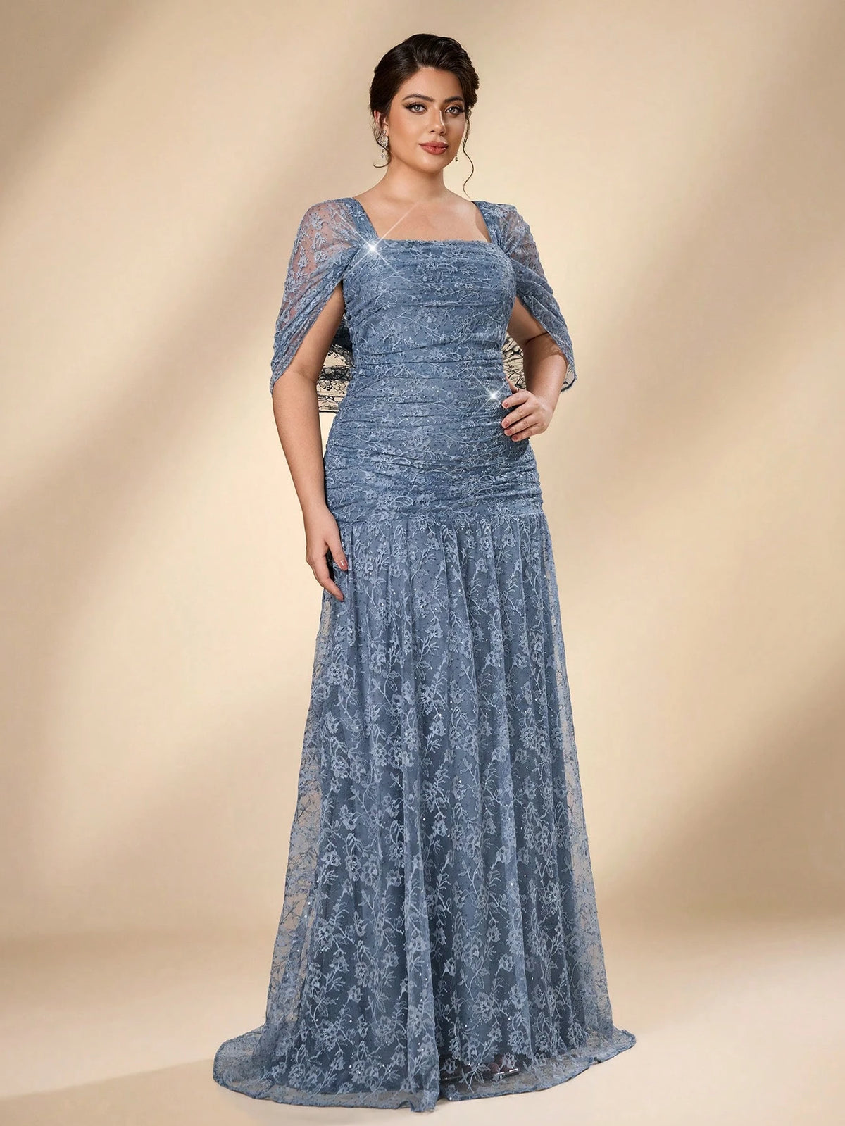Serin Plus Size Elegant Luxurious Blue Stretch Sequin Lace Embroidered Sleeve Cape Mermaid A-Line Evening Gown For Wedding Bachelorette Party Vacation Prom