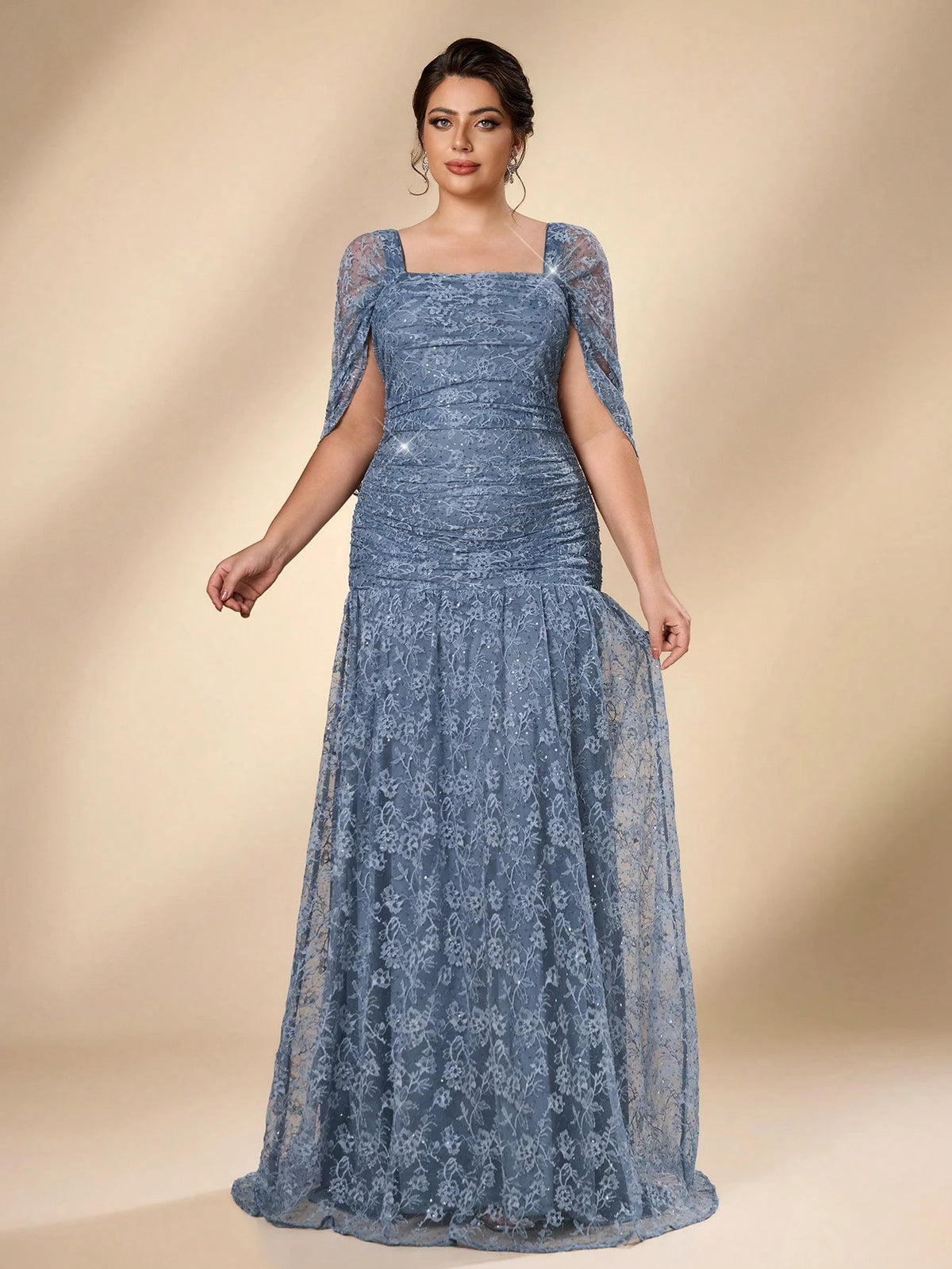 Serin Plus Size Elegant Luxurious Blue Stretch Sequin Lace Embroidered Sleeve Cape Mermaid A-Line Evening Gown For Wedding Bachelorette Party Vacation Prom