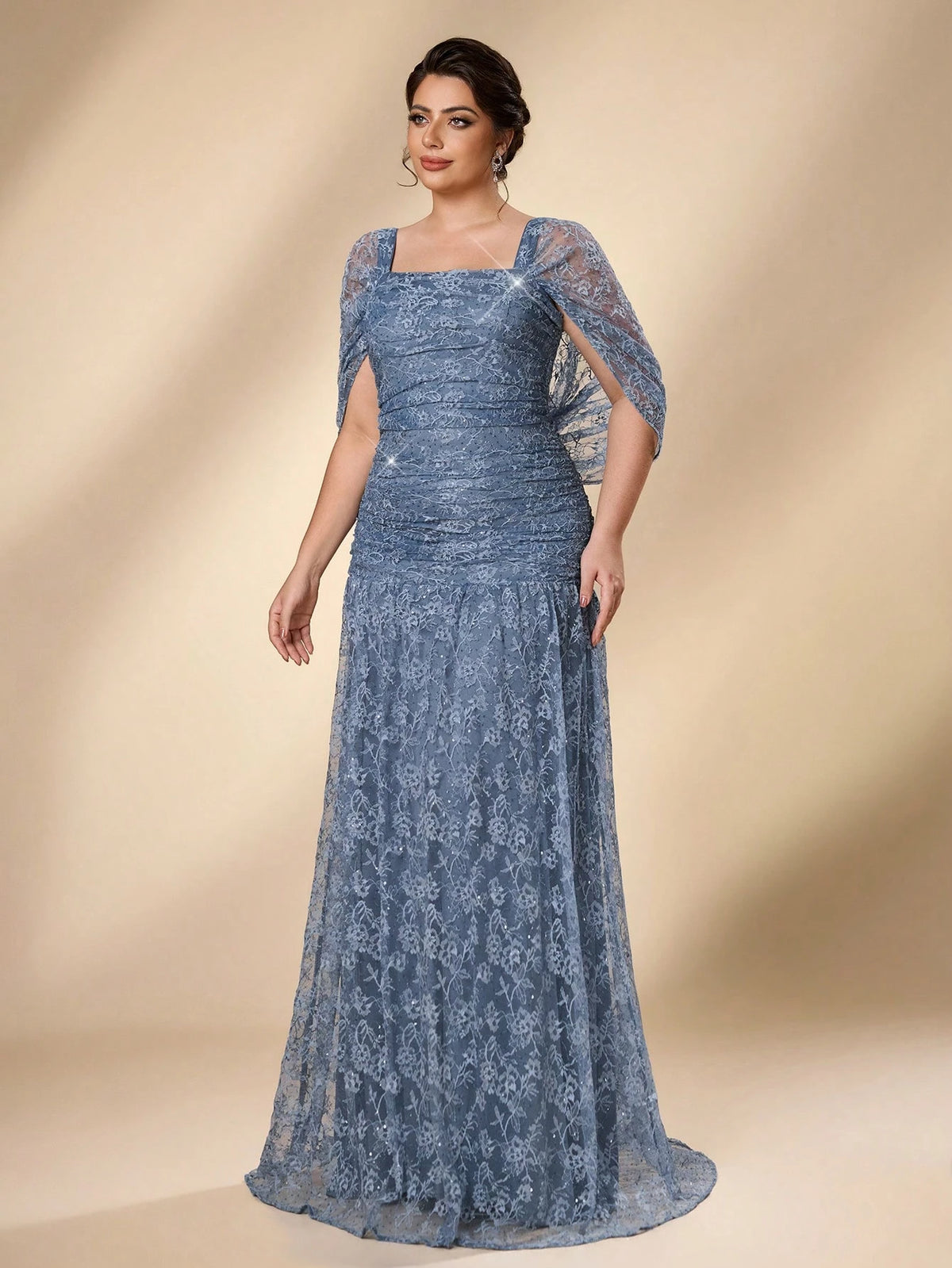 Serin Plus Size Elegant Luxurious Blue Stretch Sequin Lace Embroidered Sleeve Cape Mermaid A-Line Evening Gown For Wedding Bachelorette Party Vacation Prom