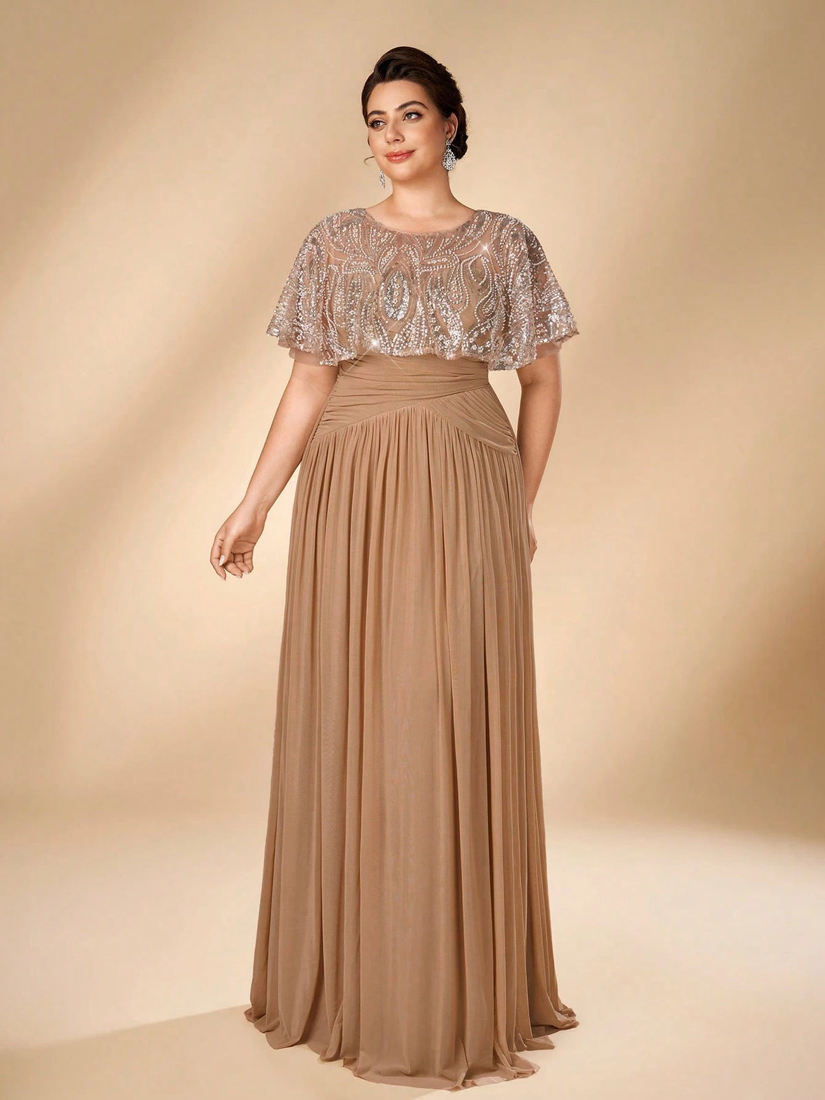 Serin Plus Size Women's Elegant Glamorous Champagne Beaded Embroidered Patchwork Elastic Mesh Ruched A-Line Dress, Suitable For All Formal Occasions, Bridal Mother Of The Bride Gown