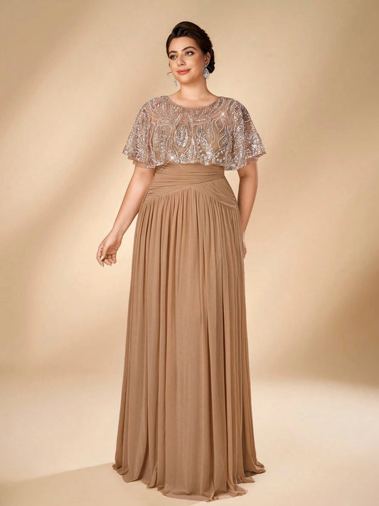 Serin Plus Size Women's Elegant Glamorous Champagne Beaded Embroidered Patchwork Elastic Mesh Ruched A-Line Dress, Suitable For All Formal Occasions, Bridal Mother Of The Bride Gown