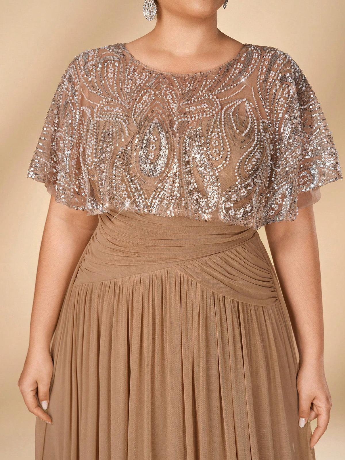 Serin Plus Size Women's Elegant Glamorous Champagne Beaded Embroidered Patchwork Elastic Mesh Ruched A-Line Dress, Suitable For All Formal Occasions, Bridal Mother Of The Bride Gown