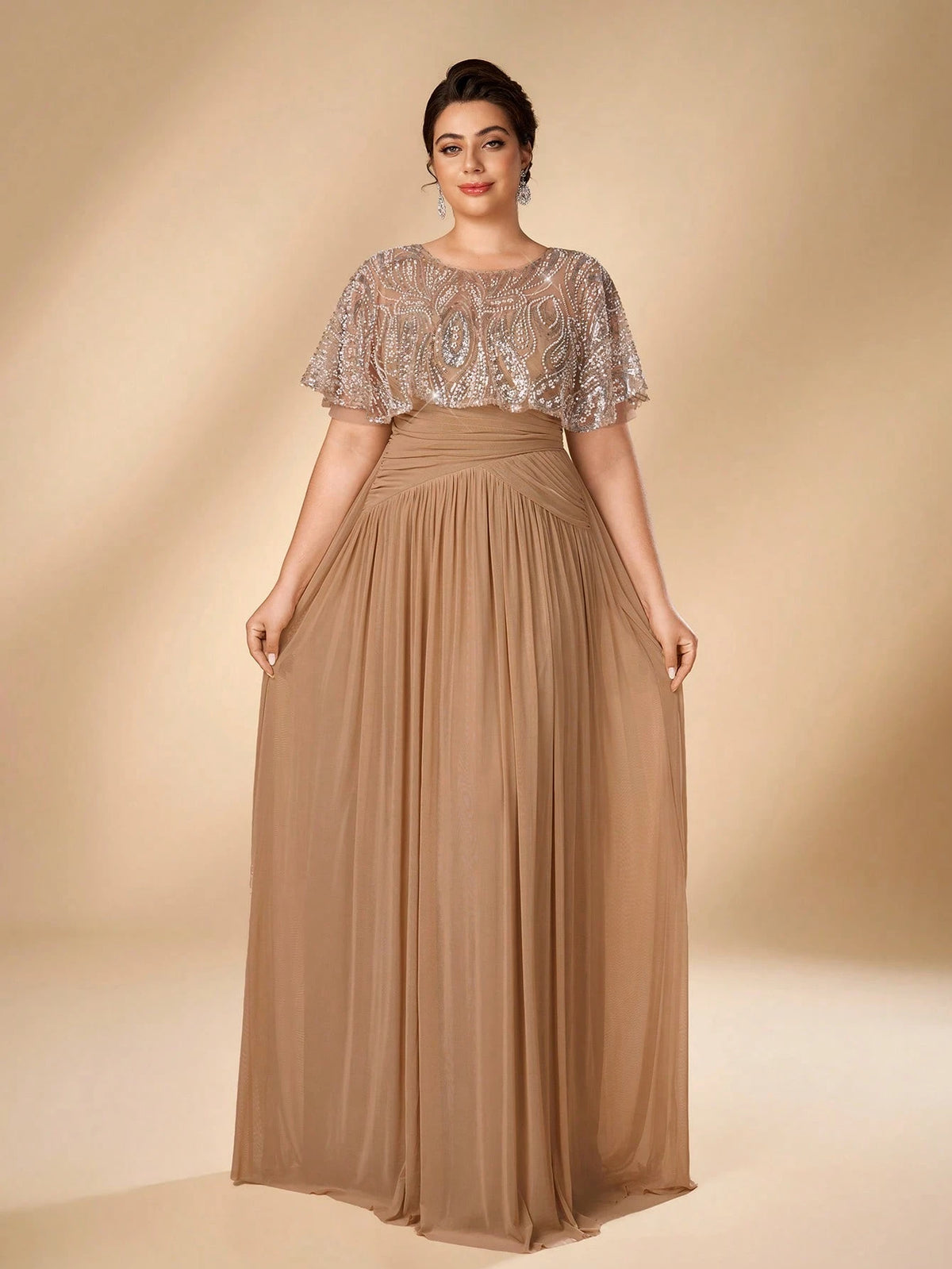 Serin Plus Size Women's Elegant Glamorous Champagne Beaded Embroidered Patchwork Elastic Mesh Ruched A-Line Dress, Suitable For All Formal Occasions, Bridal Mother Of The Bride Gown
