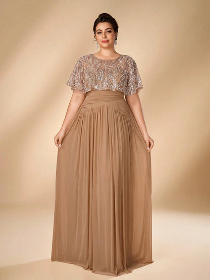 Serin Plus Size Women's Elegant Glamorous Champagne Beaded Embroidered Patchwork Elastic Mesh Ruched A-Line Dress, Suitable For All Formal Occasions, Bridal Mother Of The Bride Gown