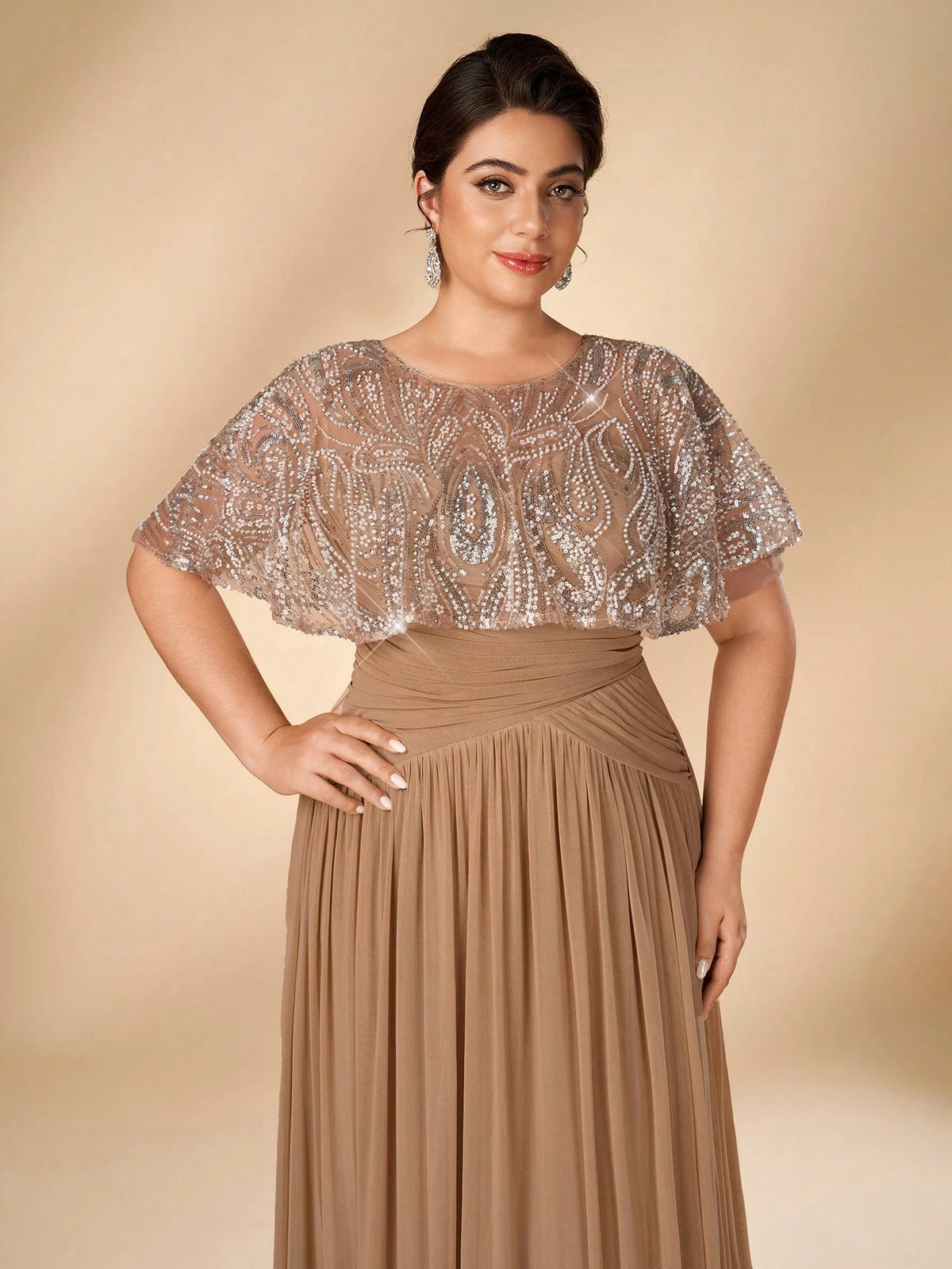 Serin Plus Size Women's Elegant Glamorous Champagne Beaded Embroidered Patchwork Elastic Mesh Ruched A-Line Dress, Suitable For All Formal Occasions, Bridal Mother Of The Bride Gown
