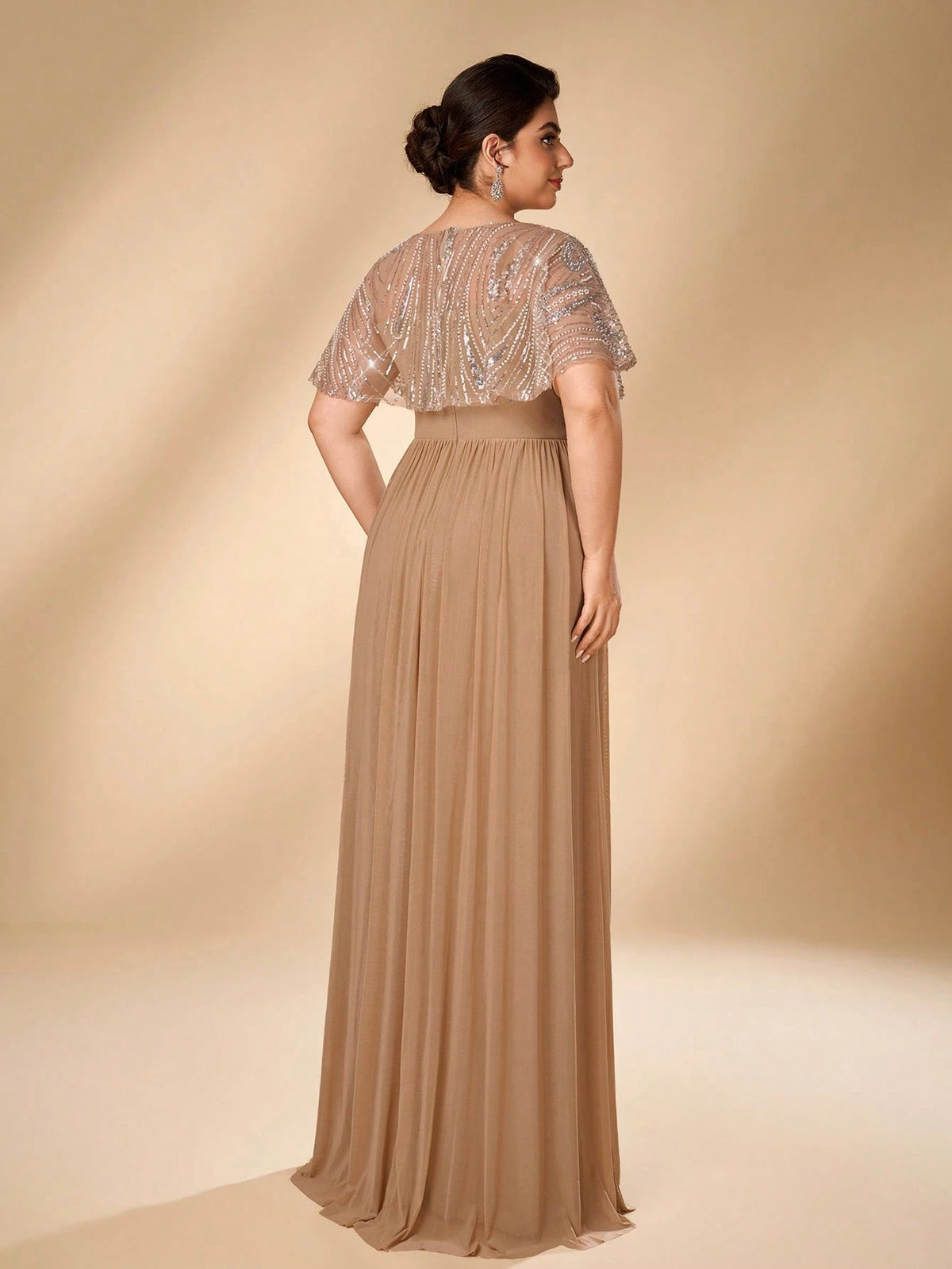 Serin Plus Size Women's Elegant Glamorous Champagne Beaded Embroidered Patchwork Elastic Mesh Ruched A-Line Dress, Suitable For All Formal Occasions, Bridal Mother Of The Bride Gown