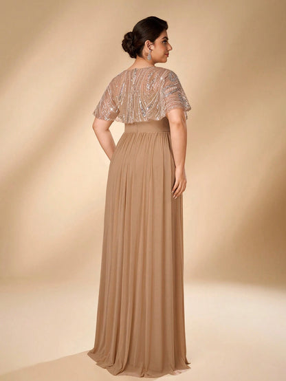 Serin Plus Size Women's Elegant Glamorous Champagne Beaded Embroidered Patchwork Elastic Mesh Ruched A-Line Dress, Suitable For All Formal Occasions, Bridal Mother Of The Bride Gown