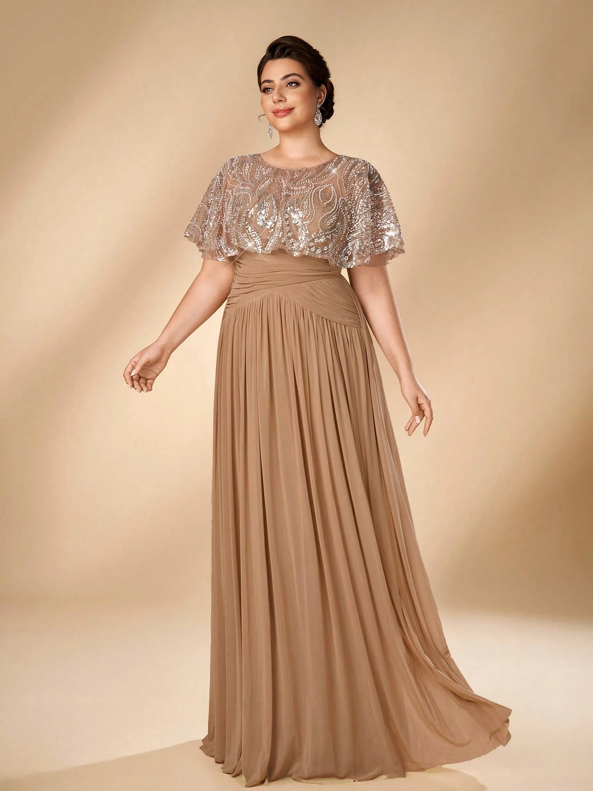 Serin Plus Size Women's Elegant Glamorous Champagne Beaded Embroidered Patchwork Elastic Mesh Ruched A-Line Dress, Suitable For All Formal Occasions, Bridal Mother Of The Bride Gown
