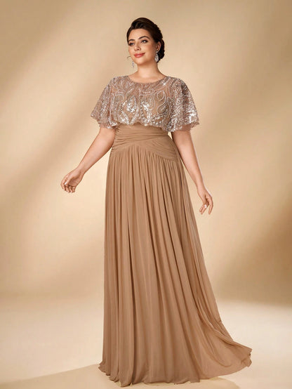 Serin Plus Size Women's Elegant Glamorous Champagne Beaded Embroidered Patchwork Elastic Mesh Ruched A-Line Dress, Suitable For All Formal Occasions, Bridal Mother Of The Bride Gown