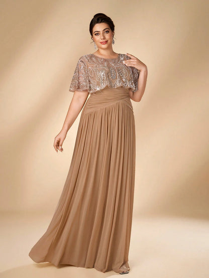 Serin Plus Size Women's Elegant Glamorous Champagne Beaded Embroidered Patchwork Elastic Mesh Ruched A-Line Dress, Suitable For All Formal Occasions, Bridal Mother Of The Bride Gown