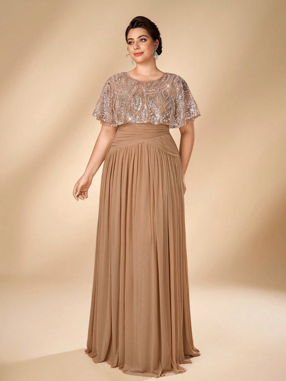 Serin Plus Size Women's Elegant Glamorous Champagne Beaded Embroidered Patchwork Elastic Mesh Ruched A-Line Dress, Suitable For All Formal Occasions, Bridal Mother Of The Bride Gown