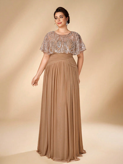 Serin Plus Size Women's Elegant Glamorous Champagne Beaded Embroidered Patchwork Elastic Mesh Ruched A-Line Dress, Suitable For All Formal Occasions, Bridal Mother Of The Bride Gown