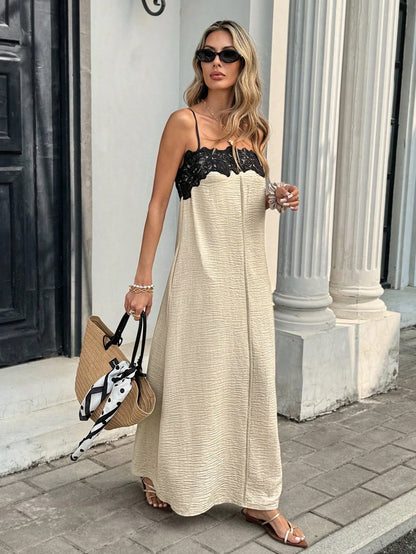 Serisse Women's Beige Lace Patchwork Elegant Tropical Summer Vacation Dress,French Spaghetti Strap Color Block Loose Flowy Maxi Holiday,Holiday Sundress