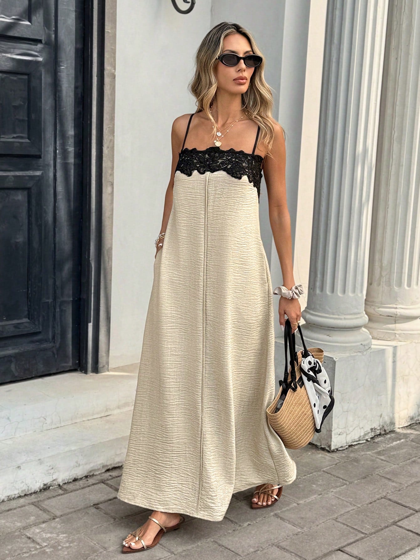 Serisse Women's Beige Lace Patchwork Elegant Tropical Summer Vacation Dress,French Spaghetti Strap Color Block Loose Flowy Maxi Holiday,Holiday Sundress