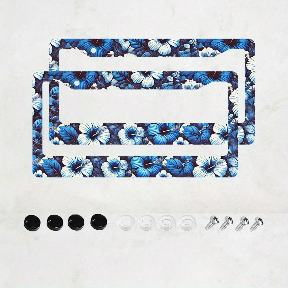 Set Of 2 Blue Hibiscus Flower Aluminum License Plate Frames- Vibrant Front And Rear License Plate Holders, 12X6 Inches, Weather-Resistant Material With Installation Screws And Caps, Suitable For Vehi