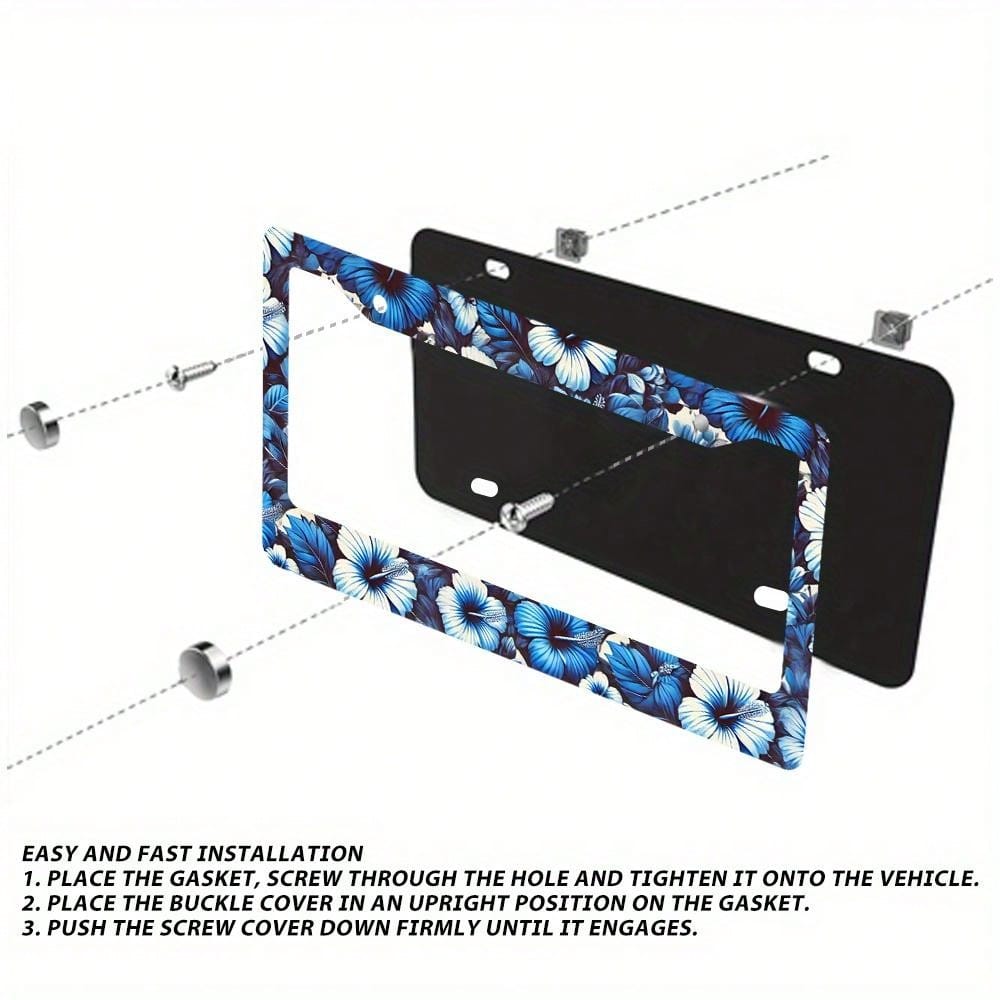 Set Of 2 Blue Hibiscus Flower Aluminum License Plate Frames- Vibrant Front And Rear License Plate Holders, 12X6 Inches, Weather-Resistant Material With Installation Screws And Caps, Suitable For Vehi