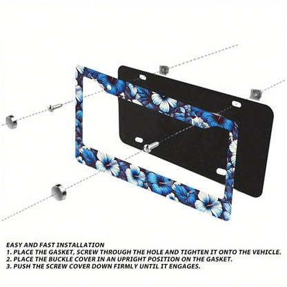 Set Of 2 Blue Hibiscus Flower Aluminum License Plate Frames- Vibrant Front And Rear License Plate Holders, 12X6 Inches, Weather-Resistant Material With Installation Screws And Caps, Suitable For Vehi