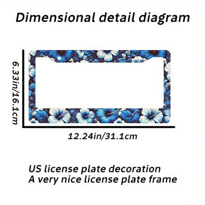 Set Of 2 Blue Hibiscus Flower Aluminum License Plate Frames- Vibrant Front And Rear License Plate Holders, 12X6 Inches, Weather-Resistant Material With Installation Screws And Caps, Suitable For Vehi