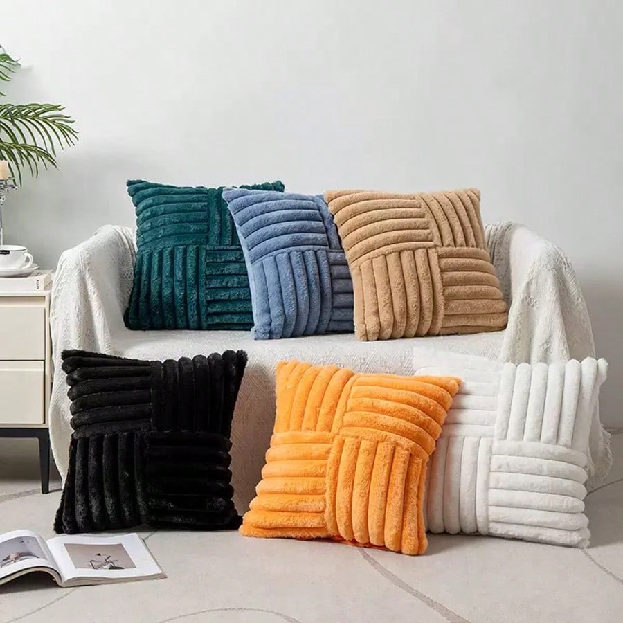 Set Of 2 Couch Decorative Throw Pillow Covers 18x18 Faux Fur Plush Soft Fluffy Cushion Case Cozy Fuzzy Striped Pillowcase Home Decor For Bed Sofa Living Room