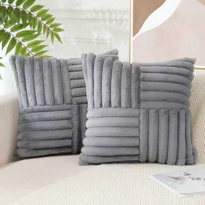 Set Of 2 Couch Decorative Throw Pillow Covers 18x18 Faux Fur Plush Soft Fluffy Cushion Case Cozy Fuzzy Striped Pillowcase Home Decor For Bed Sofa Living Room