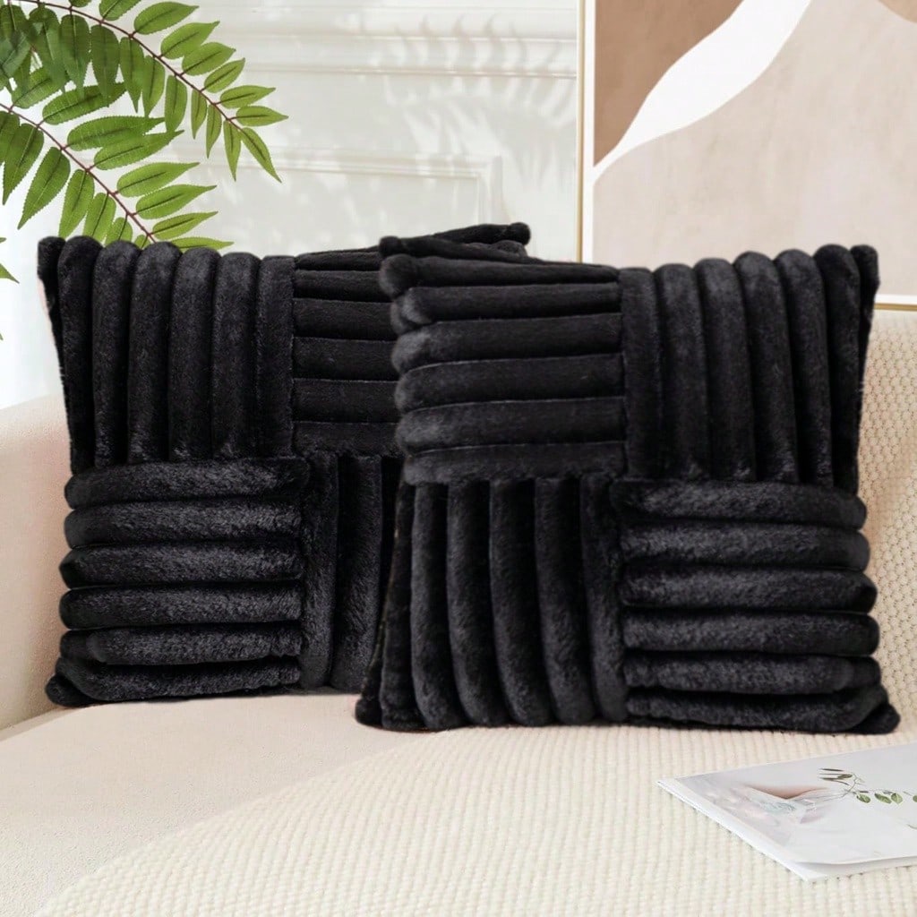 Set Of 2 Couch Decorative Throw Pillow Covers 18x18 Faux Fur Plush Soft Fluffy Cushion Case Cozy Fuzzy Striped Pillowcase Home Decor For Bed Sofa Living Room