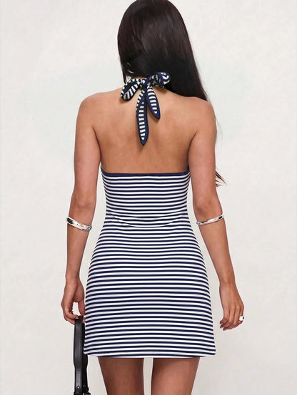 Sexy Deep V-Neck Halter Backless Striped Bodycon Mini Dress, Spring/Summer New Beach Vacation Everyday Wear Elegant