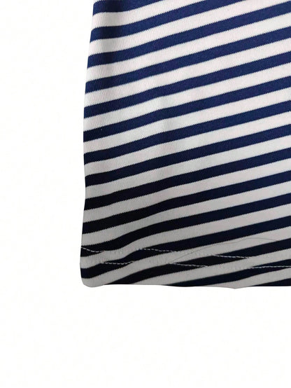 Sexy Deep V-Neck Halter Backless Striped Bodycon Mini Dress, Spring/Summer New Beach Vacation Everyday Wear Elegant