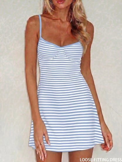 Sexy & Fashionable Versatile Vacation Spaghetti Strap Striped Mini Dress, New Arrival Spring/Summer Elegant, Vacationcore