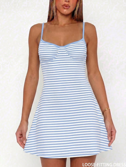 Sexy & Fashionable Versatile Vacation Spaghetti Strap Striped Mini Dress, New Arrival Spring/Summer Elegant, Vacationcore