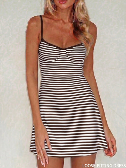 Sexy & Fashionable Versatile Vacation Spaghetti Strap Striped Mini Dress, New Arrival Spring/Summer Elegant, Vacationcore