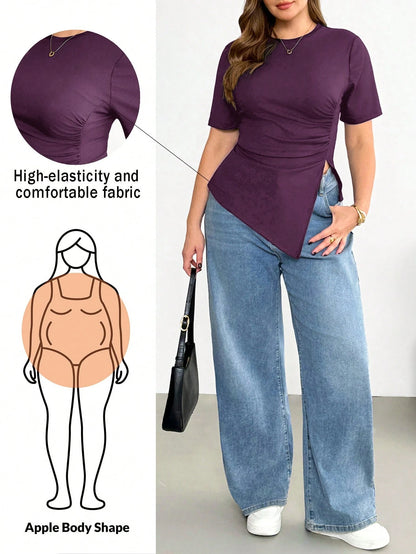Shapeblank Plus Size Women's Dark Purple Short Sleeve T-Shirt, Autumn Smart Casual Everyday Stretchy Asymmetric Hem Ruched Waist Curve Tops, Tops