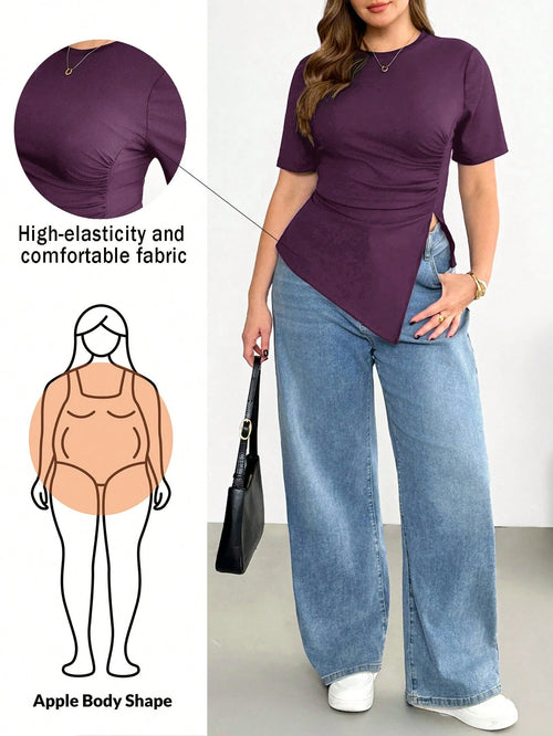 Shapeblank Plus Size Women's Dark Purple Short Sleeve T-Shirt, Autumn Smart Casual Everyday Stretchy Asymmetric Hem Ruched Waist Curve Tops, Tops