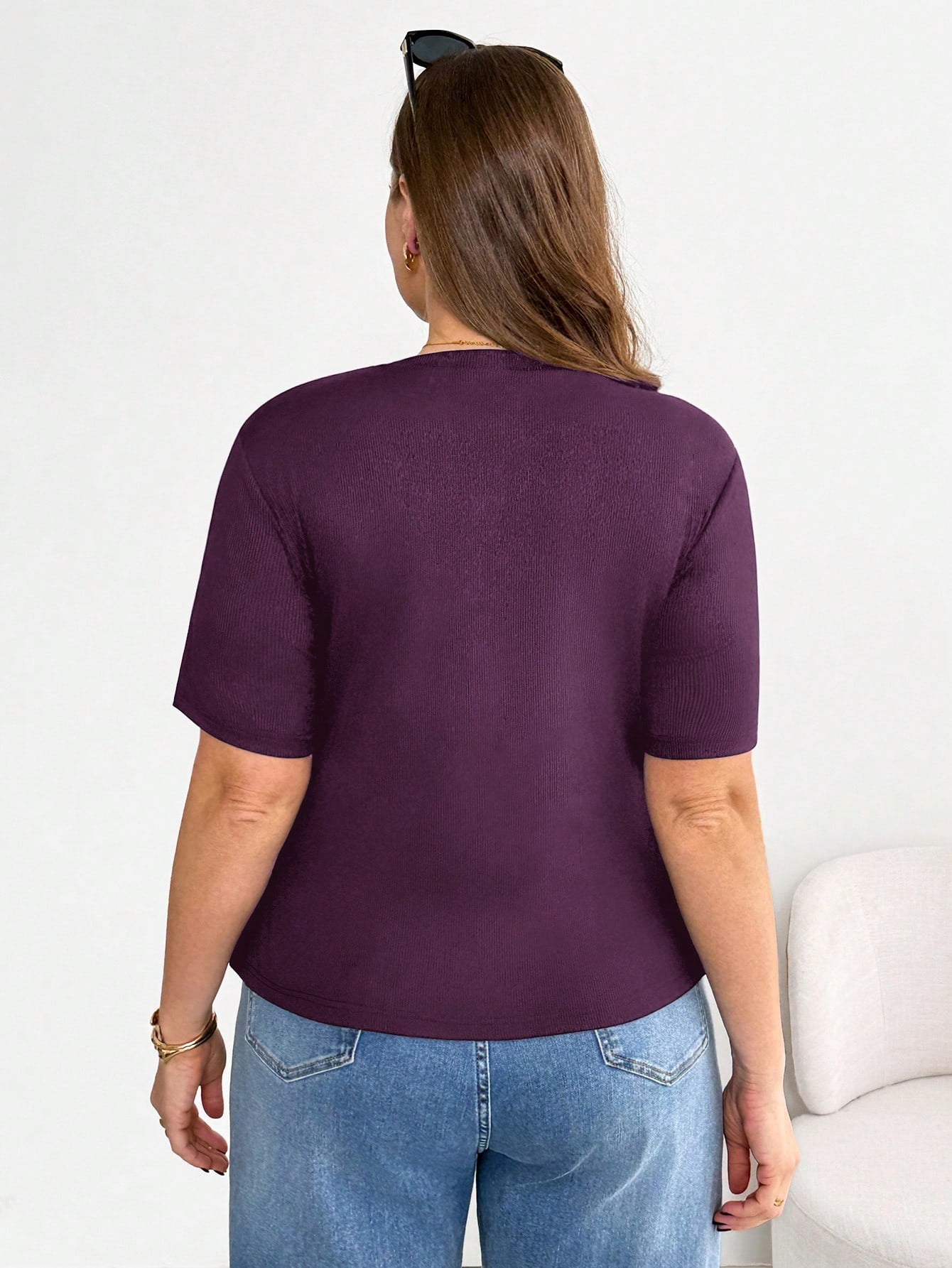 Shapeblank Plus Size Women's Dark Purple Short Sleeve T-Shirt, Autumn Smart Casual Everyday Stretchy Asymmetric Hem Ruched Waist Curve Tops, Tops