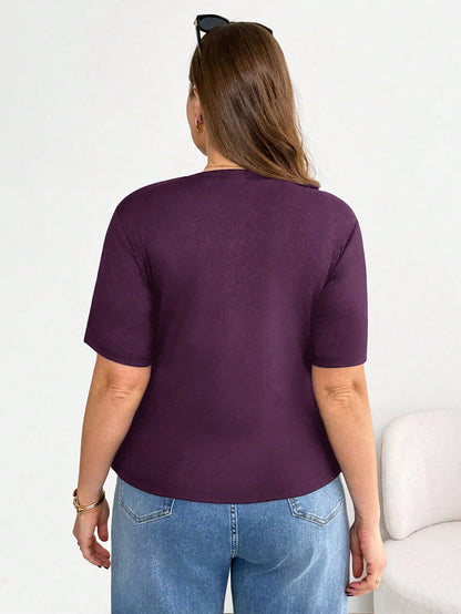 Shapeblank Plus Size Women's Dark Purple Short Sleeve T-Shirt, Autumn Smart Casual Everyday Stretchy Asymmetric Hem Ruched Waist Curve Tops, Tops