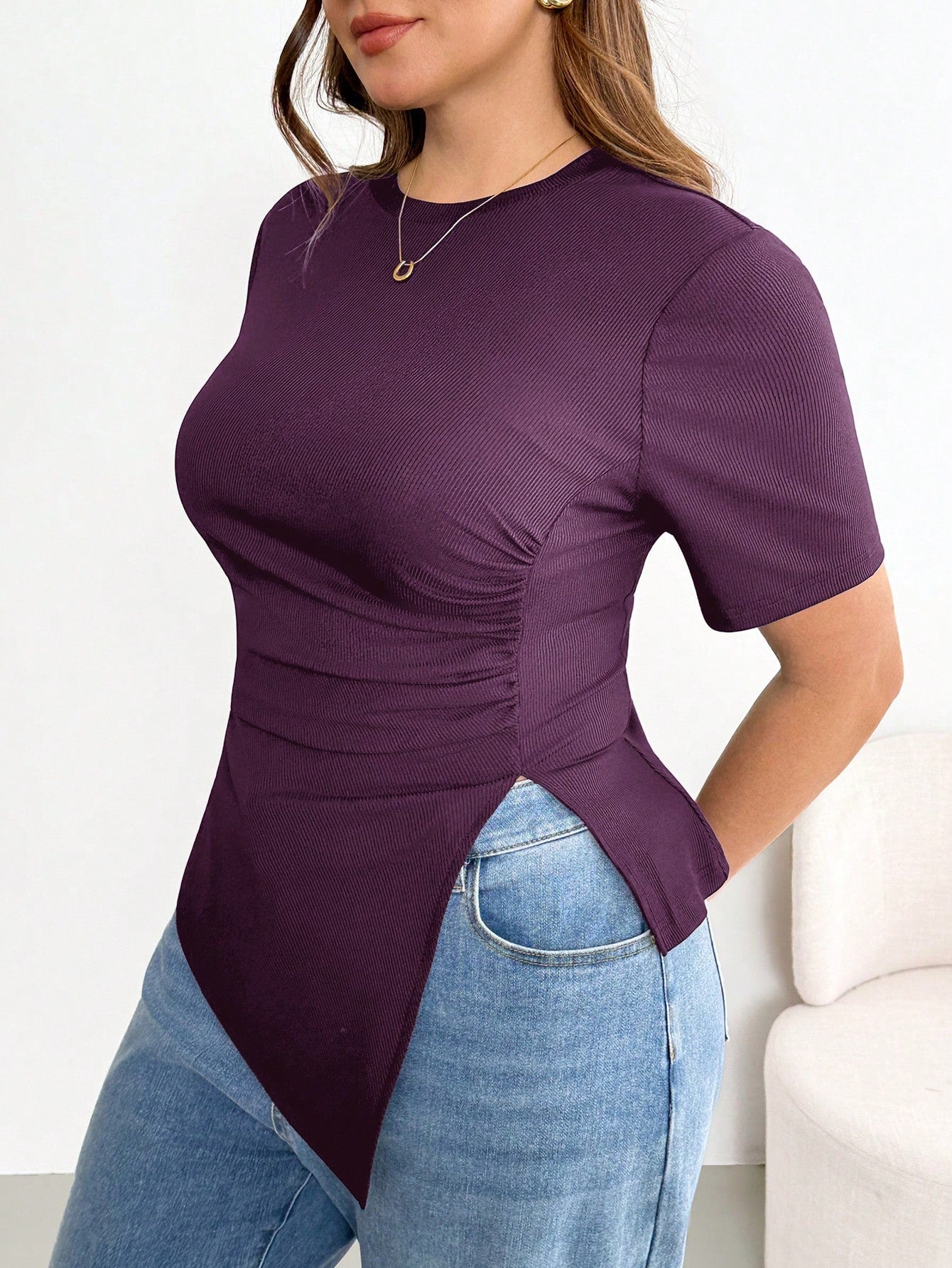 Shapeblank Plus Size Women's Dark Purple Short Sleeve T-Shirt, Autumn Smart Casual Everyday Stretchy Asymmetric Hem Ruched Waist Curve Tops, Tops
