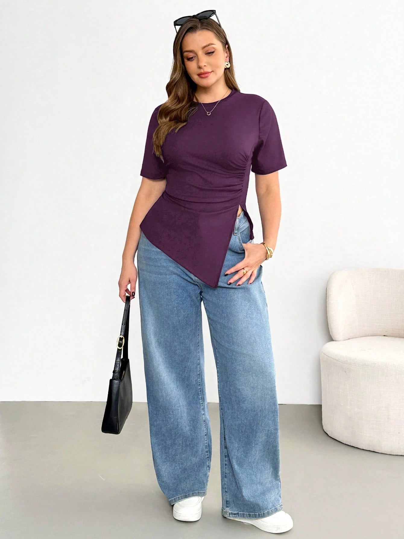 Shapeblank Plus Size Women's Dark Purple Short Sleeve T-Shirt, Autumn Smart Casual Everyday Stretchy Asymmetric Hem Ruched Waist Curve Tops, Tops