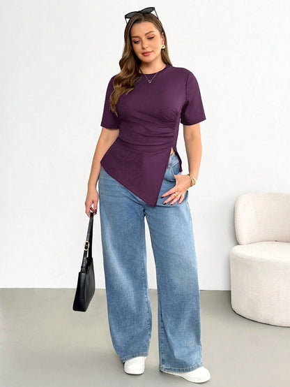 Shapeblank Plus Size Women's Dark Purple Short Sleeve T-Shirt, Autumn Smart Casual Everyday Stretchy Asymmetric Hem Ruched Waist Curve Tops, Tops