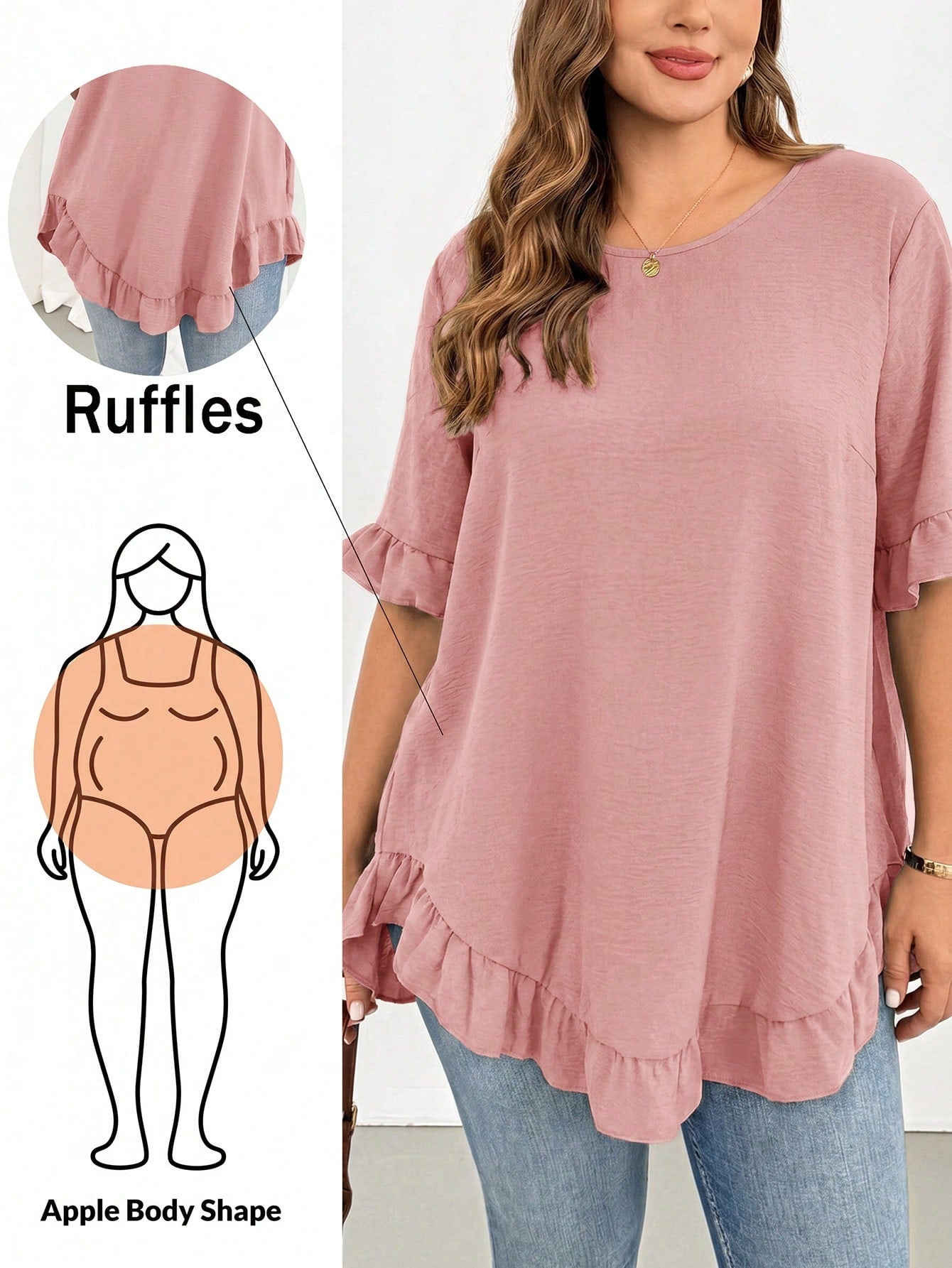 Shapeblank Women's Plus-Size Dusty Pink Summer Casual Everyday Shirt,Fashionable Loose Comfortable Ruffled Short-Sleeved Curve Cute Tops,Women Blouse