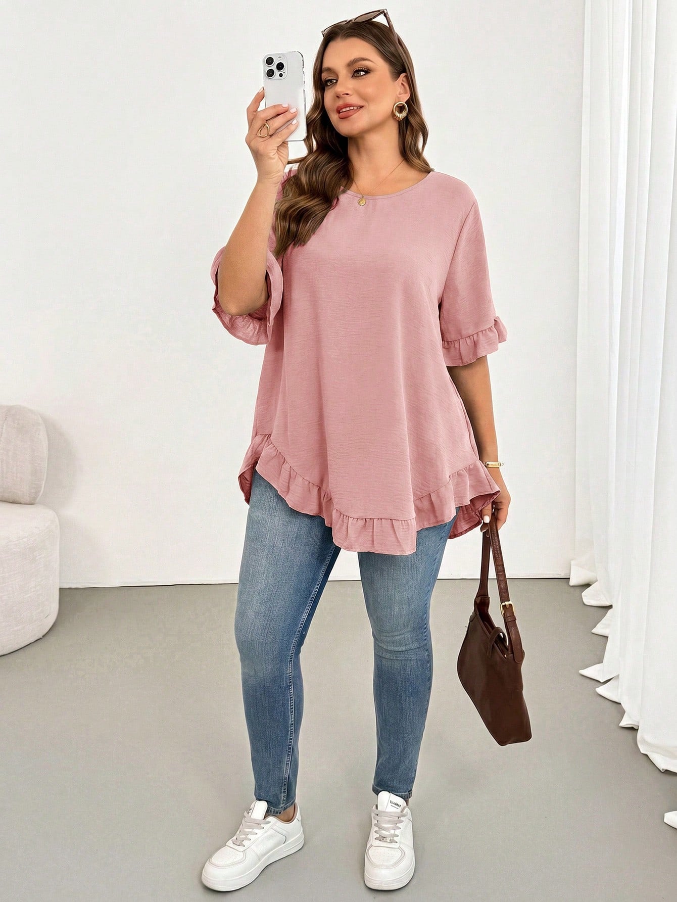 Shapeblank Women's Plus-Size Dusty Pink Summer Casual Everyday Shirt,Fashionable Loose Comfortable Ruffled Short-Sleeved Curve Cute Tops,Women Blouse