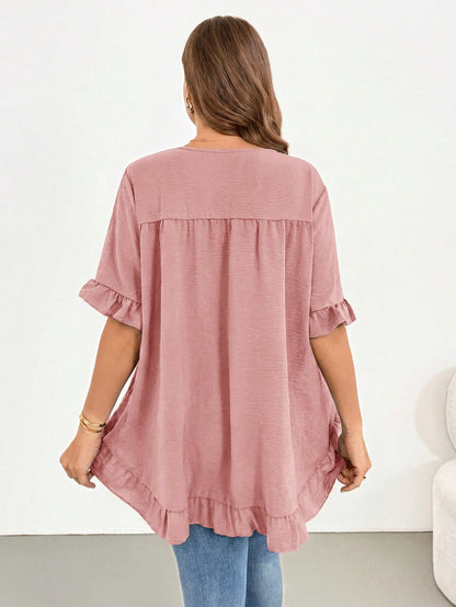 Shapeblank Women's Plus-Size Dusty Pink Summer Casual Everyday Shirt,Fashionable Loose Comfortable Ruffled Short-Sleeved Curve Cute Tops,Women Blouse