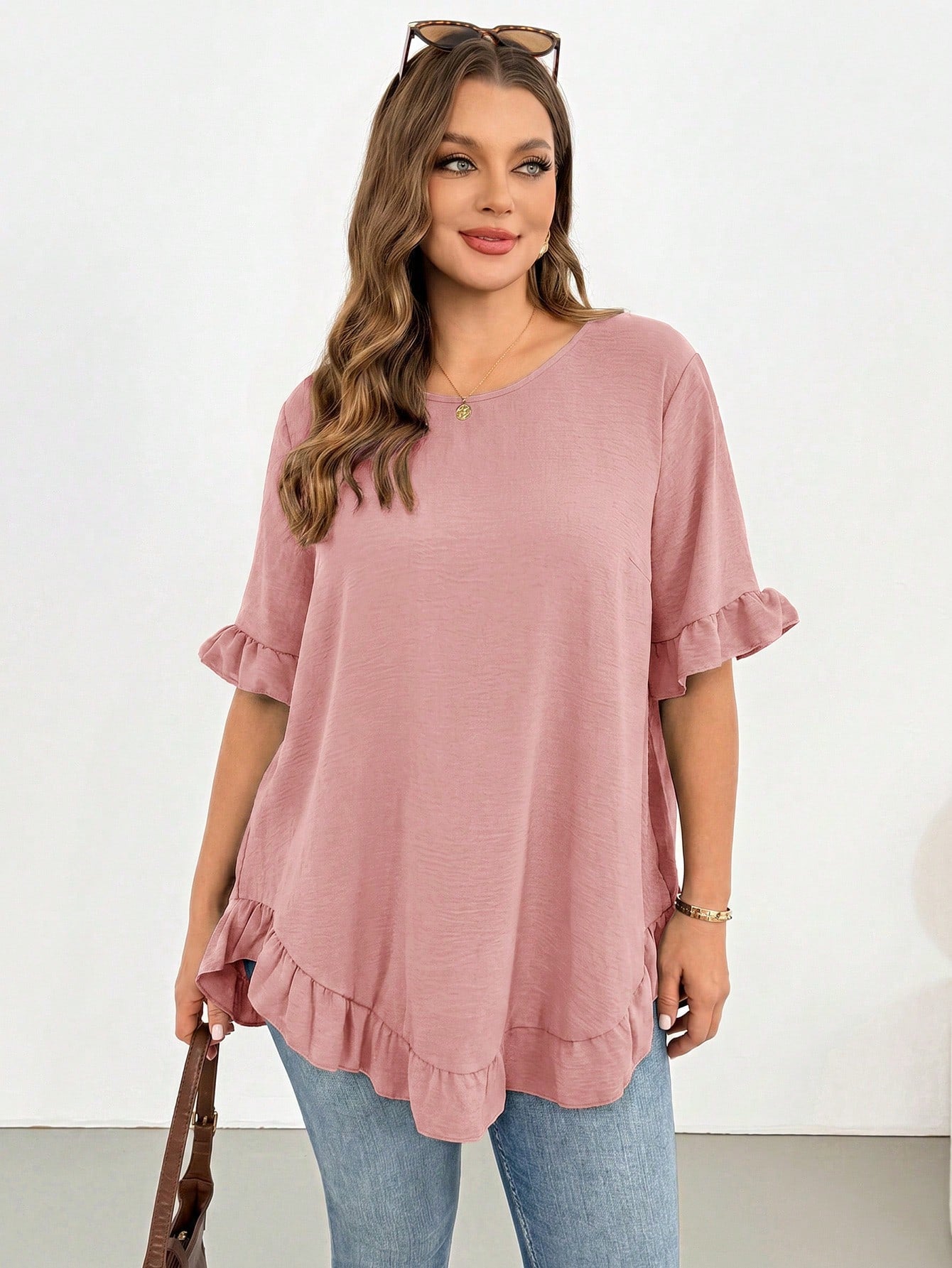 Shapeblank Women's Plus-Size Dusty Pink Summer Casual Everyday Shirt,Fashionable Loose Comfortable Ruffled Short-Sleeved Curve Cute Tops,Women Blouse